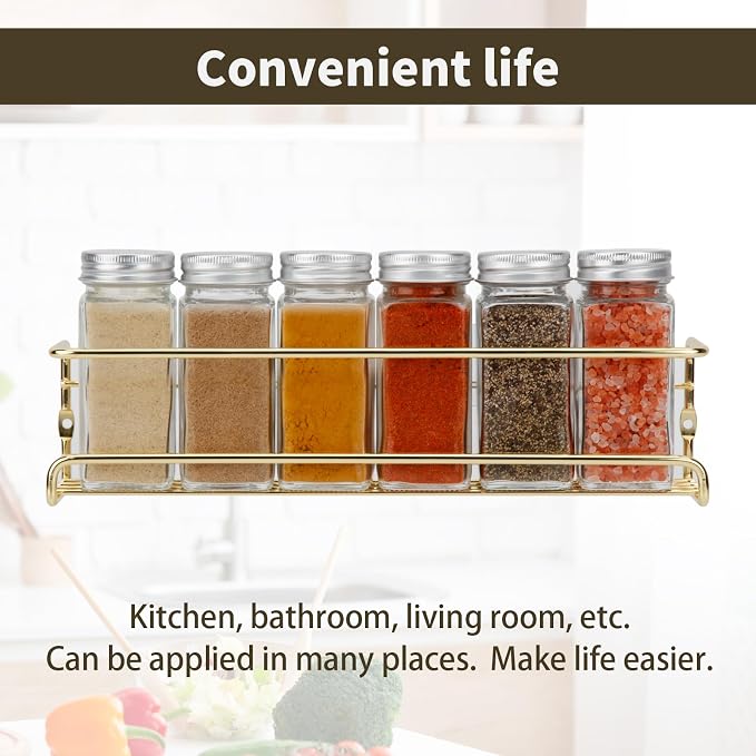 2 Pack Self Adhesive Wall Mounted Fridge Refrigerator Spice Racks,Metal Kitchen Seasoning Jar Organizer for Space Saver,Hanging Spice Organizer Shelf for Kitchen Cabinet,Wall,Pantry Door.Gold