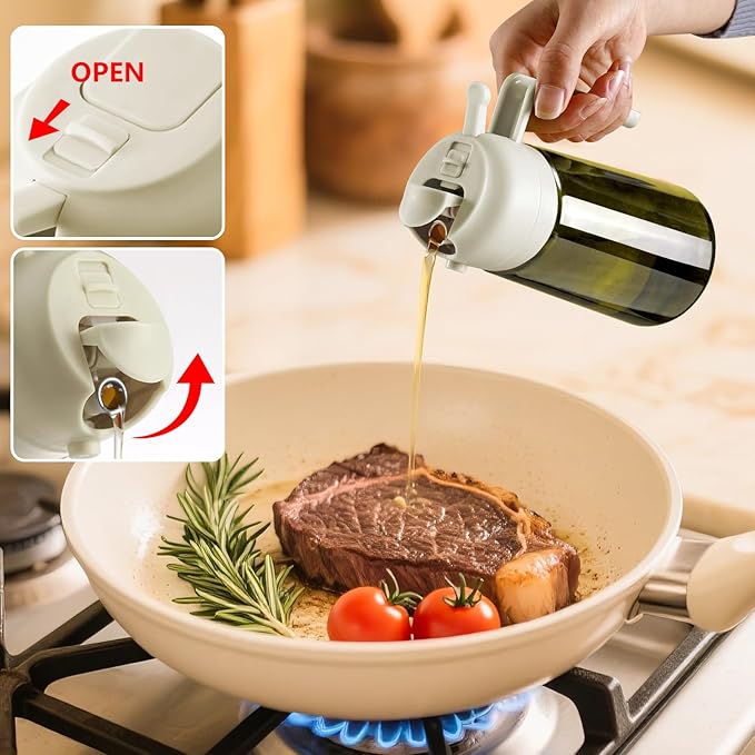 SWEET VIEW Olive Oil Dispenser and Oil Sprayer – 16oz/470ml Glass Light-Proof Oil Pourer for Kitchen with Stickers for Air Fryer, Cooking, Salad, and BBQ