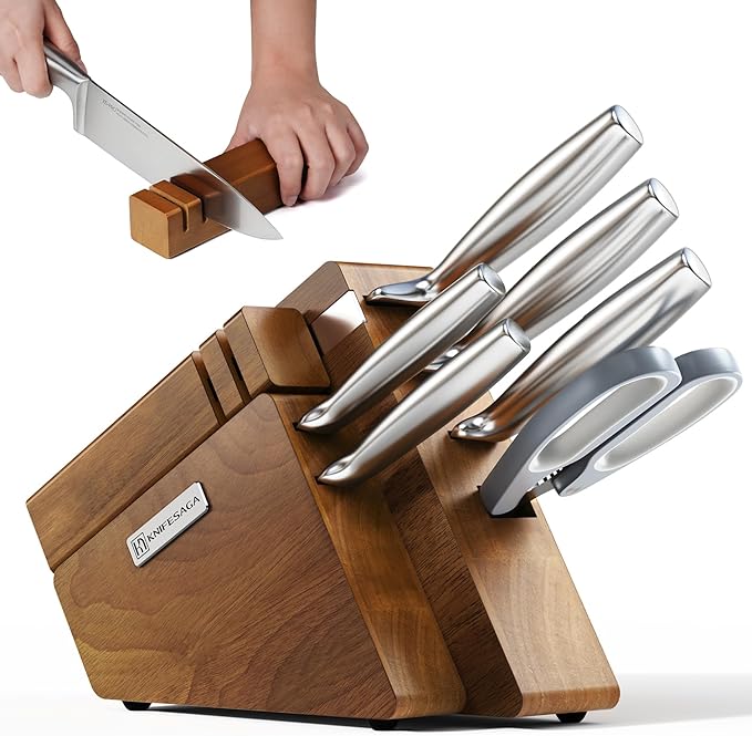 KnifeSaga Kitchen Knife Set with Block and Detachable Sharpener | 8-Piece High Carbon Stainless Steel Knife Block Set, Fully Forged Blades & Compact Design
