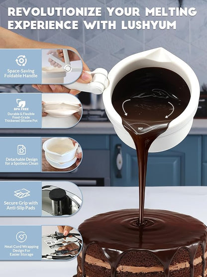 LUSHYUM Chocolate Melting Pot Candy Melts Melter with 2 Insert Pots and Spatula, 4 Cups Capacity Warmer Machine, Ideal Dipping Tool Kitchen Supplies for Making Cake Pop Covered Strawberries Fondue