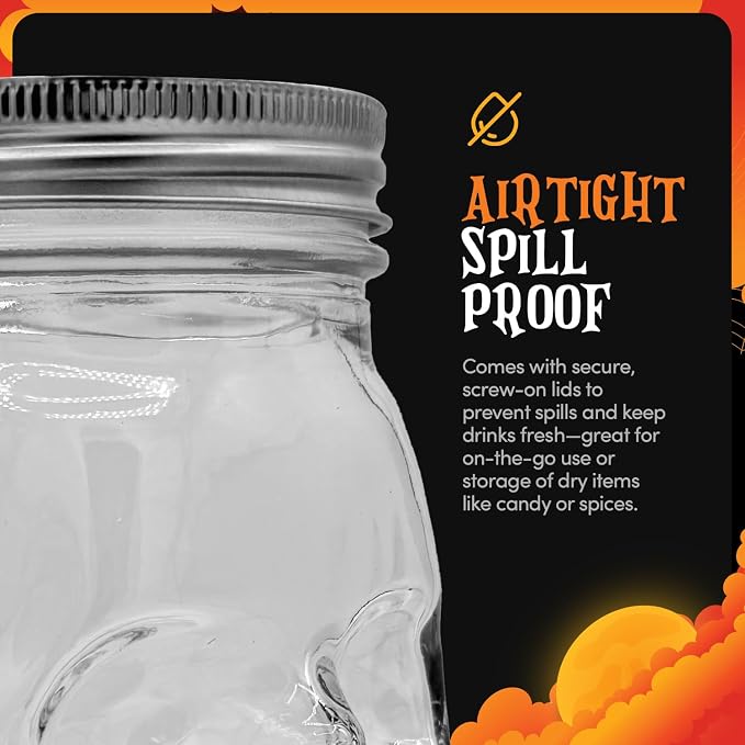 DURA LIVING Set of 2 Skull Mason Jar Glasses with Lids | 16oz Reusable Halloween Drinking Glasses | Unique Skull Décor, Storage, & Canning Jars for Parties & Gifts