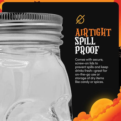 DURA LIVING Set of 2 Skull Mason Jar Glasses with Lids | 16oz Reusable Halloween Drinking Glasses | Unique Skull Décor, Storage, & Canning Jars for Parties & Gifts