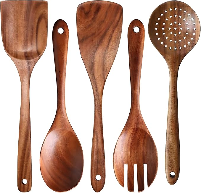 TTVOVO Wooden Spoons for Cooking, 10 Pcs Wooden Cooking Utensils Set – Wooden Utensil Set for Nonstick Pans & Cookware 5Pcs