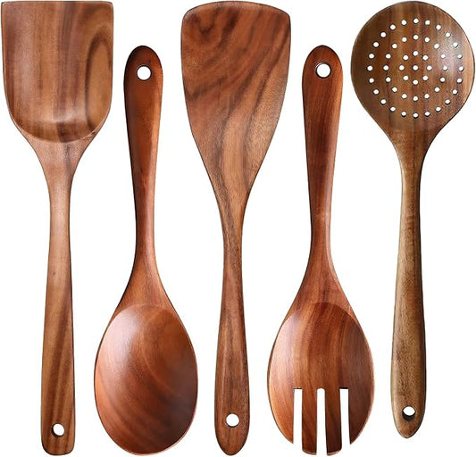 TTVOVO Wooden Spoons for Cooking, 10 Pcs Wooden Cooking Utensils Set – Wooden Utensil Set for Nonstick Pans & Cookware 5Pcs