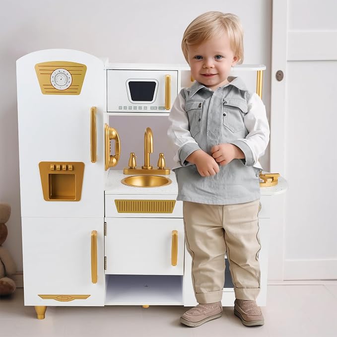 Kitchen Playset for Kids Ages 3-8, Wooden Pretend Play Kitchen with Realistic Sounds, Including Telephone, Ice Maker, Refrigerator, Dimensions: 35” H x 31” W x 12” D (White)