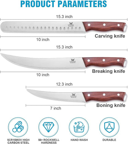 Naitesen 3PCS Professional Brisket Carving Knife Set, Butcher Knife, Very Sharp Meat Knives for BBQ Slicing Cutting Full Tang Rosewood Handle High Carbon Steel, Gifts for Men Women
