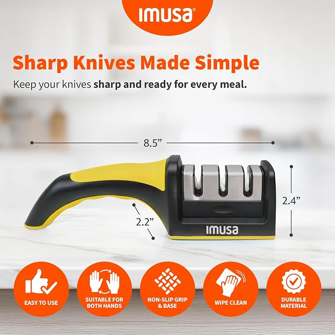 IMUSA Knife Sharpener – Kitchen Knife Sharpener with 3-Stage Stainless Steel Blade Sharpener Design – Easy to Use, Ergonomic Manual Knife Sharpening Kit with Non-Slip Base (Yellow)