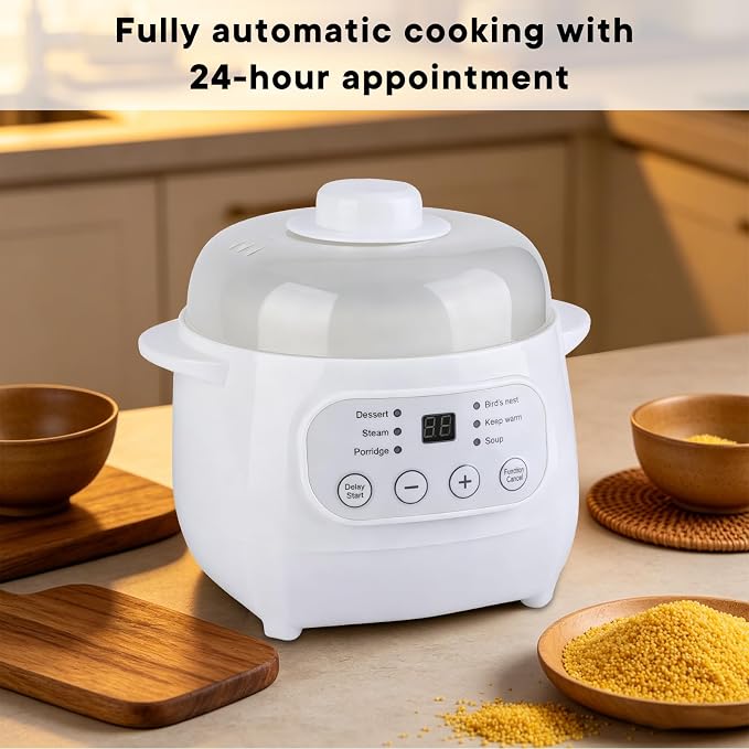White 1L Mini Slow Cooker with Steamer Basket, 24-Hour Timer and Automatic Keep-Warm Function, 200W Smart Ceramic Electric Slow Cooker, Kitchen Cooking Appliance