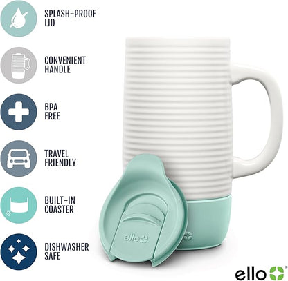 Ello Jane 18oz Ceramic Travel Mug with Handle, Splash-Resistant Slider Lid and Built-in Coaster, Perfect for Coffee and Tea, BPA Free, Dishwasher Safe, Holiday Gift Her Him, Yucca
