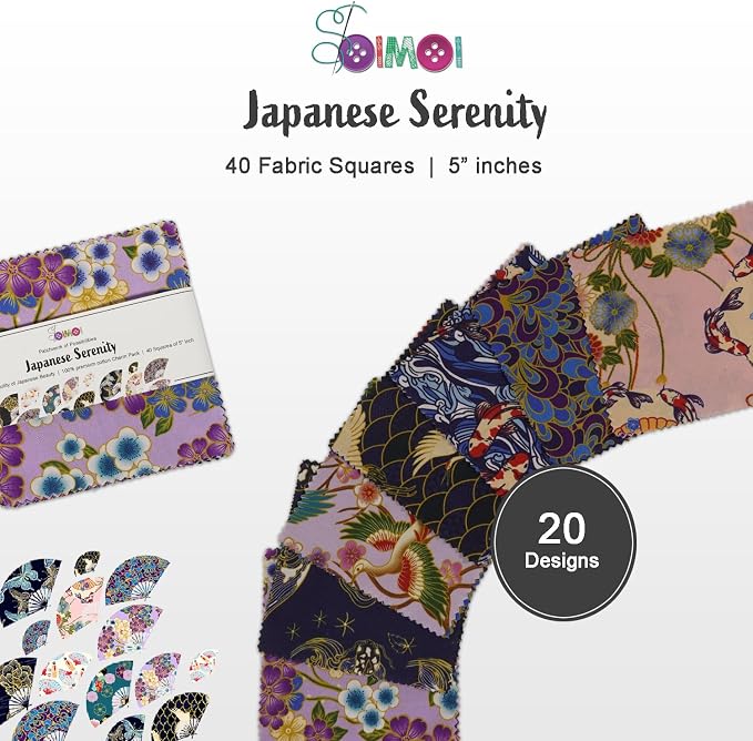 Soimoi 40 Pcs Cotton Fabric Squares Bundles Charm Packs for Quilting, Fat Quarter Layer Cakes, Precuts Quilt Squares 5 x 5 inches, DIY Fabric Bundle - Japanese Serenity