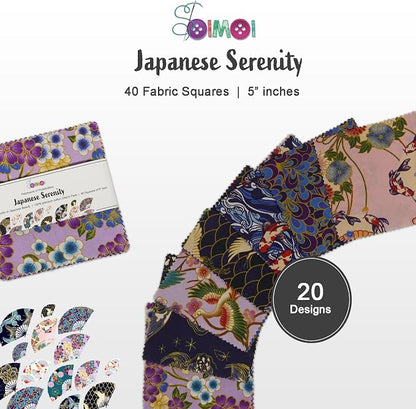 Soimoi 40 Pcs Cotton Fabric Squares Bundles Charm Packs for Quilting, Fat Quarter Layer Cakes, Precuts Quilt Squares 5 x 5 inches, DIY Fabric Bundle - Japanese Serenity