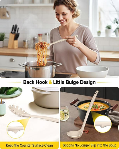 Silicone Cooking Utensils Set, 9 Pcs Heat Resistant Kitchen Utensils with Back Hooks, BPA Free Kitchen Tools with Spatulas, Spoons, Skimmer and Pasta Fork for Non Stick Cookware(KHAKI)