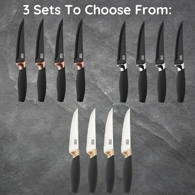 Steak Knives Set of 4 - Brooklyn by Taylors Eye Witness. Serrated black ceramic-coated blade with chrome-plated bolster. Corrosion-Free, Easy Clean Ceramic Coating. Soft Grip Handle. 2 Year Guarantee