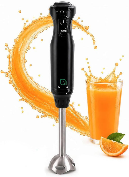 WILLOW Eco Series 5 Speed Immersion Blender Handheld, Powerful yet Quiet 500 Watt Electric Stick Blender with Turbo Mode & Removable Base, Hand Blender for Soup, Smoothie, 304 Stainless Steel - BLACK