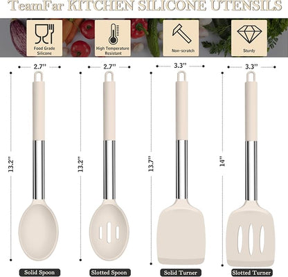 TeamFar Kitchen Utensils, 4 PCS Silicone Cooking Utensils Spatula Spoon Set with Stainless Steel Handle, for Frying Mixing Draining Turning, Healthy & Heat-proof, Non-stick & Dishwasher Safe - Khaki