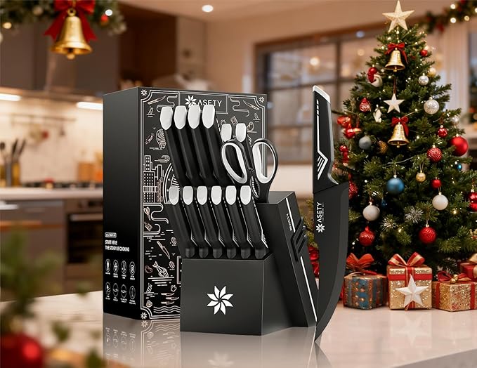 Knife Set - 15 PCS Kitchen Knife Set with Built-in Knife Sharpener Block - Stainless Steel Knife Block Set - Dishwasher Safe, Elegant Box for Men Women, Fathers day, White