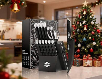 Knife Set - 15 PCS Kitchen Knife Set with Built-in Knife Sharpener Block - Stainless Steel Knife Block Set - Dishwasher Safe, Elegant Box for Men Women, Fathers day, White