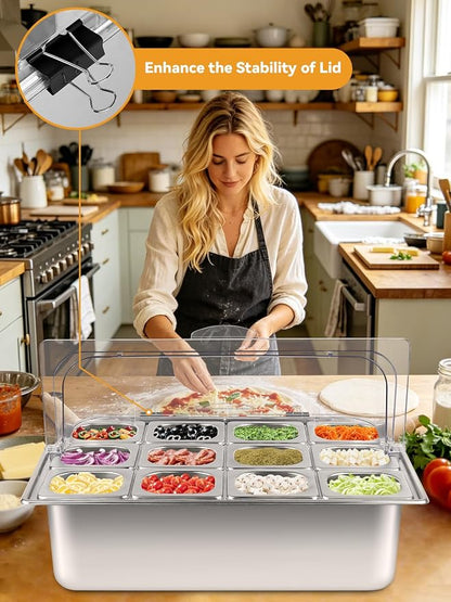 Pizza Topping Station 13 Pans Stainless Steel Spice Organizer Salad Bar Buffet Station with Spoons Ice Boxes Buffet Containers Set for Sauce Jam Ingredient Kitchen Restaurant Pantry