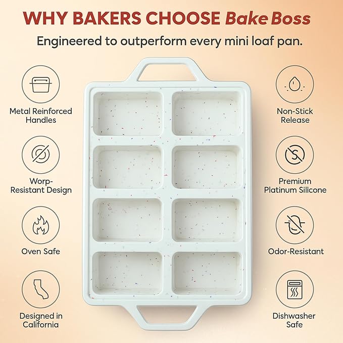 2-Pack Silicone Mini Loaf Pans for Baking Bread – 8-Cavity Nonstick Baking Molds with Metal-Reinforced Handles – BPA-Free, Odor-Resistant Silicone mini bread loaf pans for Cakes & Meatloaf – Cream