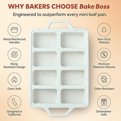 2-Pack Silicone Mini Loaf Pans for Baking Bread – 8-Cavity Nonstick Baking Molds with Metal-Reinforced Handles – BPA-Free, Odor-Resistant Silicone mini bread loaf pans for Cakes & Meatloaf – Cream