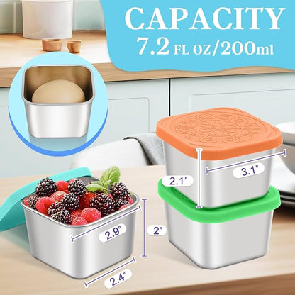 Qukaka Stainless Steel Snack Containers for Kids,7.2oz Easy Open Leak Proof Reusable Snack Box Container with Lids,Small Lunch Containers for Meal Prep,School,Picnic and Travel-3Pack