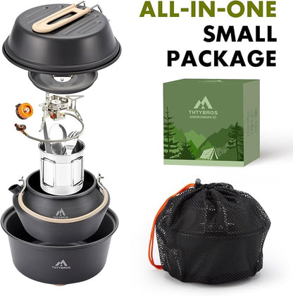THTYBROS 17pcs Camping Cookware Kit, 0.45Gal Pot, 7inches Pan,0.30Gal Kettle Set with 2 Set Stainless Steel Cups Plates Forks Knives Spoons for Hiking