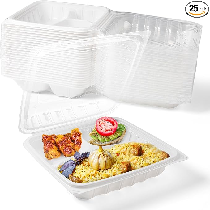 YANGRUI 25-Pack 34 oz 3-Compartment Food Containers, Shrink-Wrapped No Wash | Anti-Fog Crystal Clear Lids, Leakproof & Sturdy, BPA-Free Microwave Safe Meal Prep Box for Takeout, Catering, Leftovers