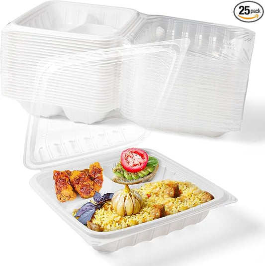 YANGRUI 25-Pack 34 oz 3-Compartment Food Containers, Shrink-Wrapped No Wash | Anti-Fog Crystal Clear Lids, Leakproof & Sturdy, BPA-Free Microwave Safe Meal Prep Box for Takeout, Catering, Leftovers