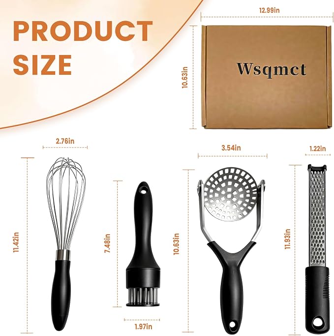 4-Piece Kitchen Gadget Set - Includes Balloon Whisk, Meat Tenderizer, Potato Masher, Grater/Zester, 304 Stainless Steel, Dishwasher Safe