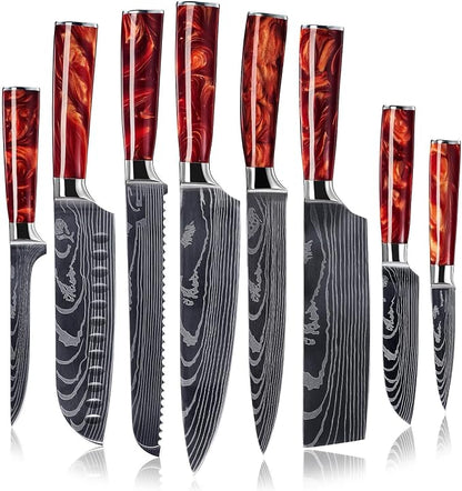 SENKEN 8-Piece Japanese Knife Set with Red Resin Handle and Laser Damascus Pattern - Crimson Collection - Chef's Knife, Cleaver, Santoku, Bread Knife, Paring Knife, & More (Crimson Red)
