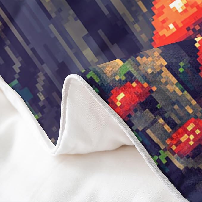 Red Mushroom 100% Nature Cotton Duvet Cover Jungle Wild Plants Trees Comforter Cover Twin Size with 1 Pillowcase Cartoon Pixelated Construct Games Aesthetic Luxury Bedding Set (No Filler)