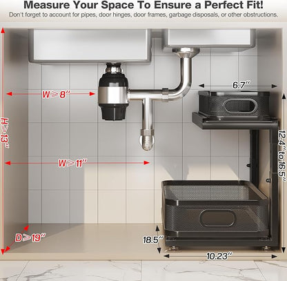 2 Pack 18.5IN-Depth Under Sink Organizer With Next-Gen Ball-Bearing Slides,2-Tier Precision Mesh Pull Out Cabinet Storage for Bathroom&Kitchen,Height Adjustable Drawers Shelf,Anti-rust-Black