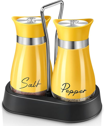 Salt and Pepper Shakers, Farmhouse Salt and Pepper Shakers Set with Holder, electroplated Handle, 4 oz Stainless Steel Glass Bottle Dispenser, for Table, RV, Camp, BBQ (Yellow)