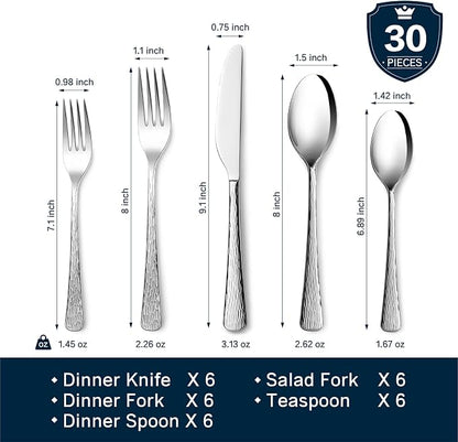 KINGSTONE Hammered Silverware Set, 30-Piece Flatware Set, 18/10 Stainless Steel Premium Cutlery with Unique Ripple Handles Design Mirror Polished - Dishwasher Safe