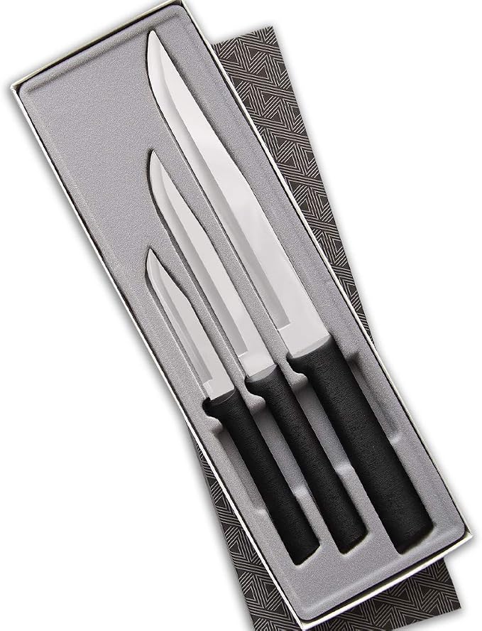 Rada Cutlery Housewarming Gift Set (G202) 3-Piece Knife Set with Quick Edge Sharpener (R119), Stainless Steel Blades, Black Handle