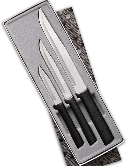Rada Cutlery Housewarming Gift Set (G202) 3-Piece Knife Set with Quick Edge Sharpener (R119), Stainless Steel Blades, Black Handle
