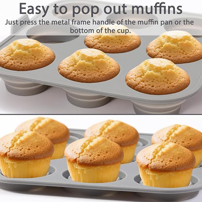 9-Cavity Silicone Mold Pan for Tiered Mini Cakes, Set of 2, Non-Stick Collapsible Cupcake Baking Tray for Muffin, Grey
