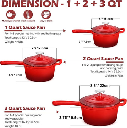 Leonyo 1Qt & 2Qt & 3Qt Enamel Cast Iron Saucepan Set, Enameled Sauce Pan with Lid, Cast Iron Dutch Oven Kitchen Pot Cookware for All Cooktops Cooking Pasta, Milk, Red