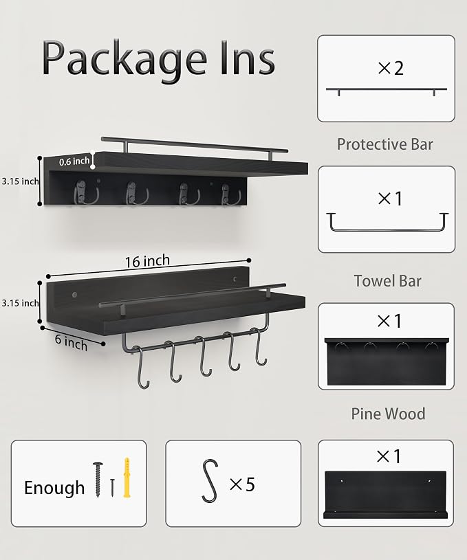Wood Floating Shelves with Metal Hooks, Wall Mounted Coat Rack with Shelf Set of 2, Bathroom Wall Shelf with Removable Towel Bar, Hanging Shelves with 9 Hooks for Kitchen Entryway Coffee Bar, Black