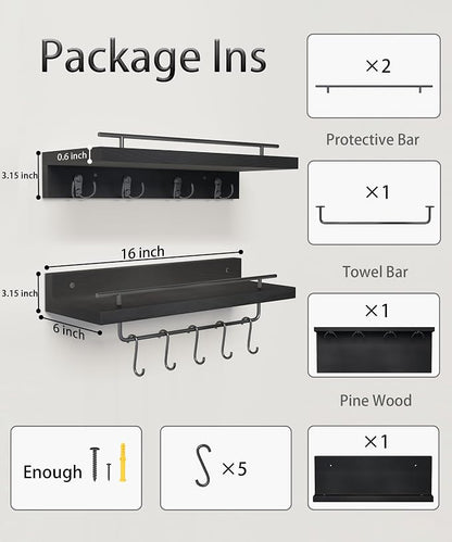 Wood Floating Shelves with Metal Hooks, Wall Mounted Coat Rack with Shelf Set of 2, Bathroom Wall Shelf with Removable Towel Bar, Hanging Shelves with 9 Hooks for Kitchen Entryway Coffee Bar, Black