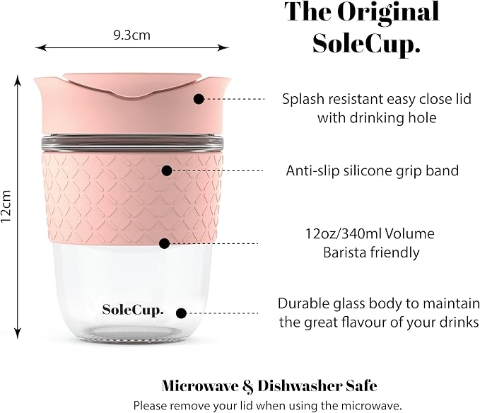 Reusable Strengthened Glass Travel Cup - Spill Proof Coffee Mug - 12oz/340ml BPA-Free Hot Drink Travel Mug with Lid & Silicone Band (Pink, 12oz)