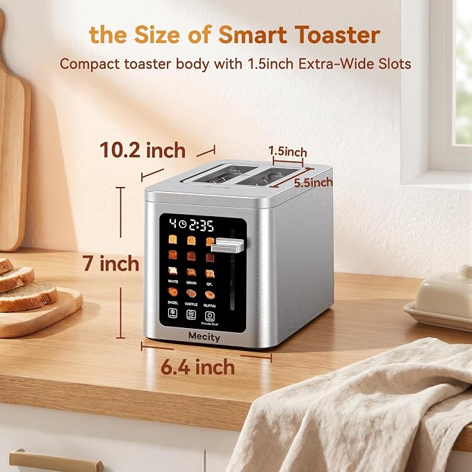 Mecity 2 Slice Toaster Smart Touchscreen, Stainless Steel Wide Slot Toasters Defrost, Reheat, Memory Function, Auto Shutoff, Digital Electric Bread Toaster for Bagel Muffin Waffle, 120V