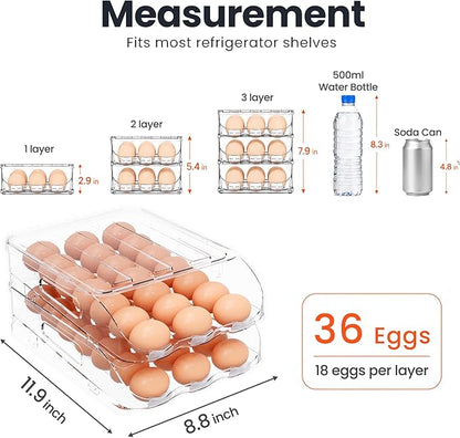 SMRCAD Egg Holder for Fridge, Automatic Steady Rolling Egg Container with Soft Bumpers & Handle for Refrigerator, Stackable Fridge Organizers and Storage with Lid