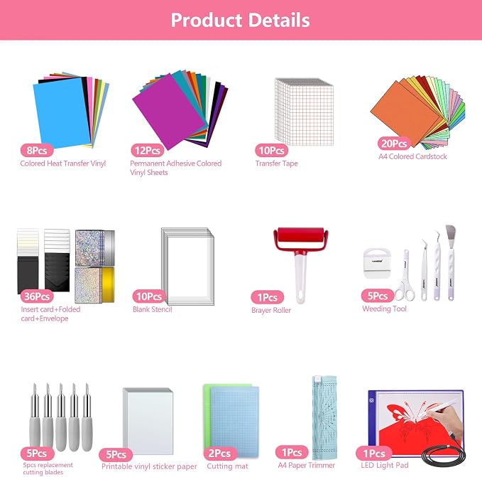 Starter Kit for Cricut Joy Xtra,116Pcs Accessories Bundle and Supplies for Cutting Machine,Beginner Craft Tool Set,Material Bundle with Weeding Tool,Paper Trimmer,Replacement Blade,Brayer Roller