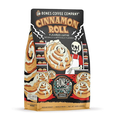 Bones Coffee Company Decaf Cinnamon Roll Decaffeinated Flavored Coffee, Medium Roast Low Acid Arabica Beans Compatible with Auto drip and French Press Coffee Maker, 12 Oz Whole Bean