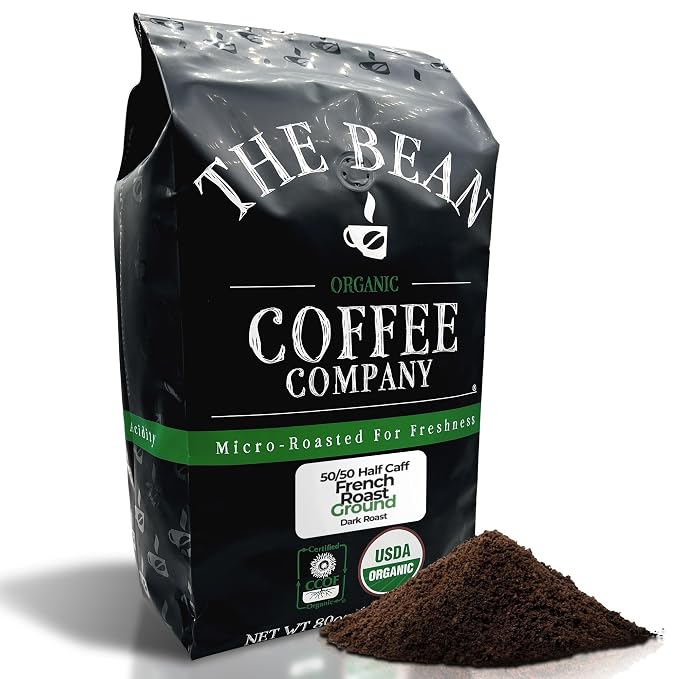 The Bean Organic Coffee Company 50/50 (Half Caff) French Roast, 50% Decaf, Dark Roast, Ground Coffee, 5-Pound Bag, Café Molido Tostado Orgánico descafeinado