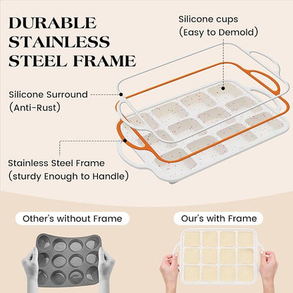 2 Pcs Brownie Pan with Dividers Silicone Nonstick Mini Individual 12 Cup Square Muffin Cupcake Pans with Metal Reinforced Frame(Cream)