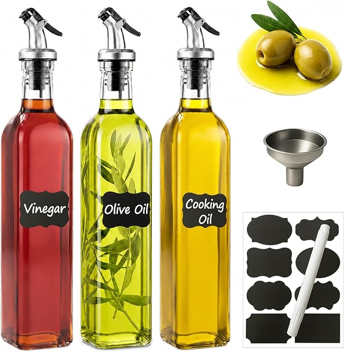 WERTIOO Olive Oil Dispenser Bottle, 3Pack 17 OZ 500ml Glass Oil Dispenser for Kitchen with 3 Pourer,1 Stainless Steel Funnel & 1 Pen and 8 Label for Kitchen