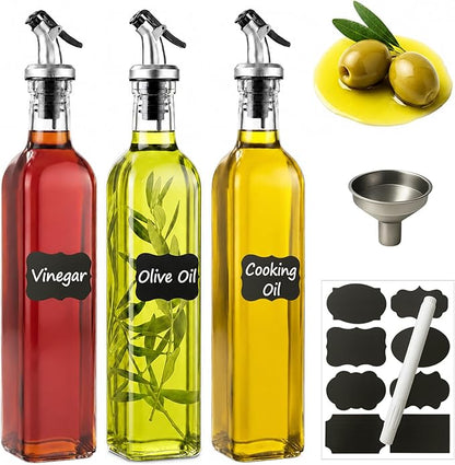 WERTIOO Olive Oil Dispenser Bottle, 3Pack 17 OZ 500ml Glass Oil Dispenser for Kitchen with 3 Pourer,1 Stainless Steel Funnel & 1 Pen and 8 Label for Kitchen
