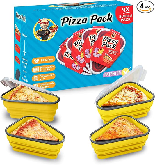 PIZZA PACK The Perfect Reusable Pizza Storage Container with 5 Microwavable Serving Trays - BPA-Free Adjustable Pizza Slice Container to Organize & Save Space, 4 Pack, Yellow